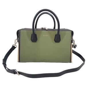 Classic Luxury Genuine Leather Conceal Carry Handbag Purse Black Green 13" X 10"